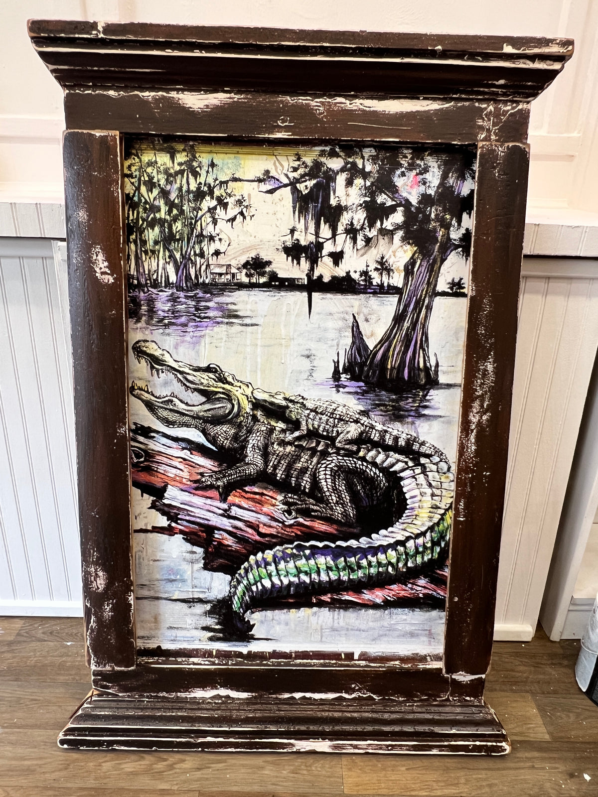 Mama & Baby Gator- Giclee with custom wood frame from reclaimed wood