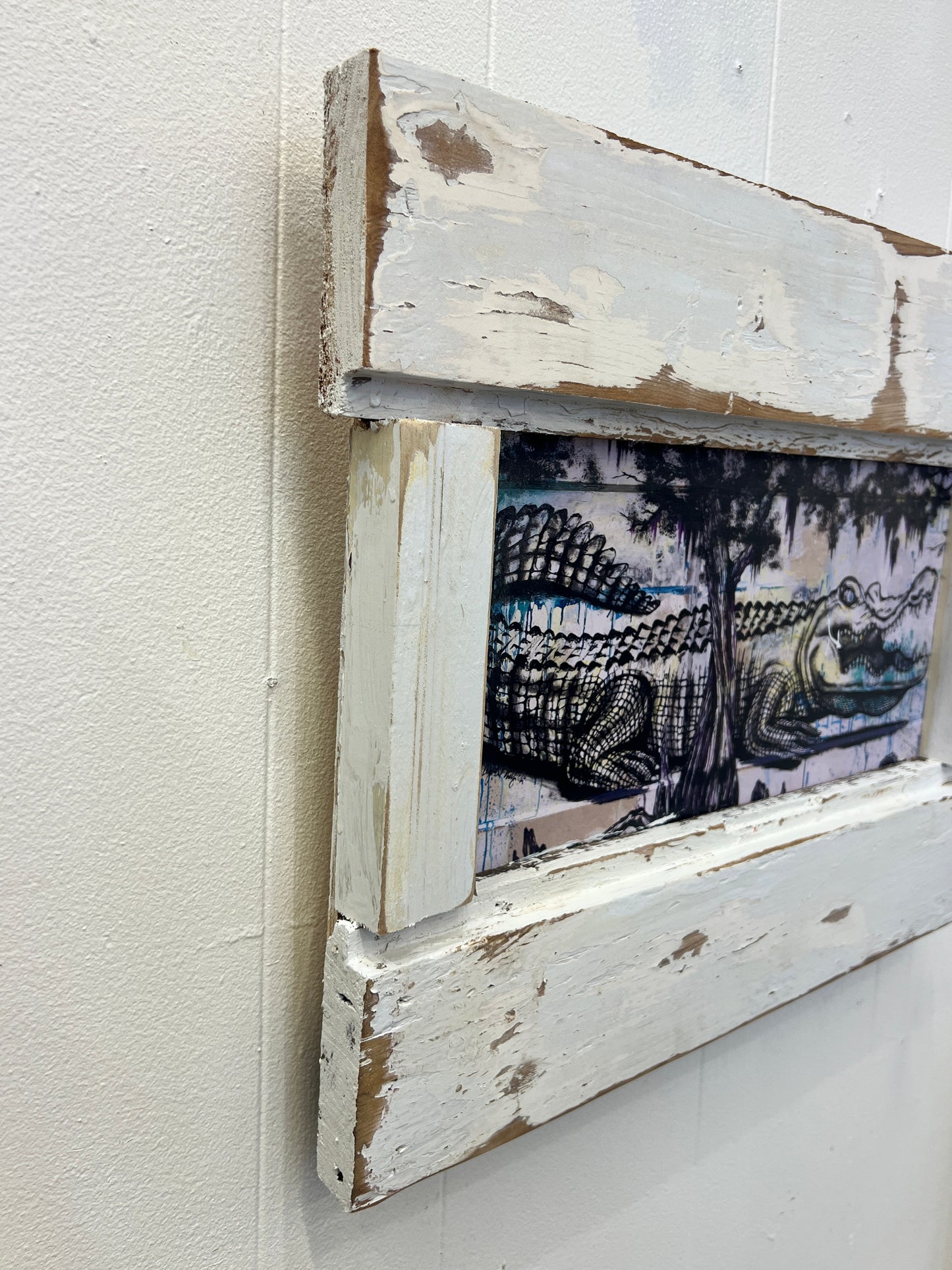 Swamp Gator - Print with White Reclaimed Wood Frame