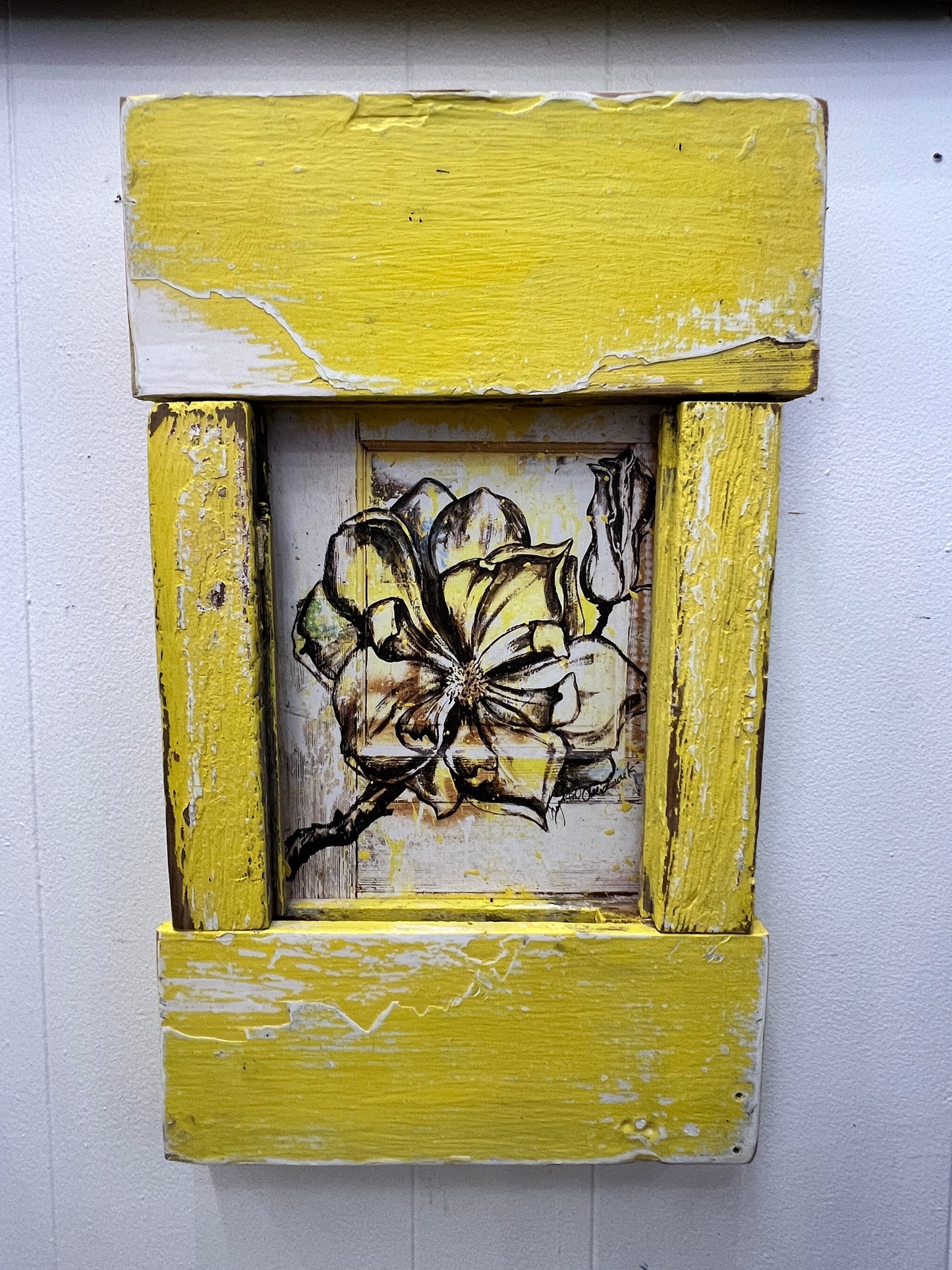 Yellow Magnolia - Giclee  with a Custom Built  Reclaimed Wood Frame