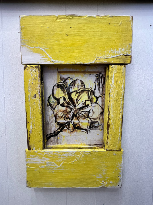 Yellow Magnolia Giclee Print with Handmade Reclaimed Wood Frame