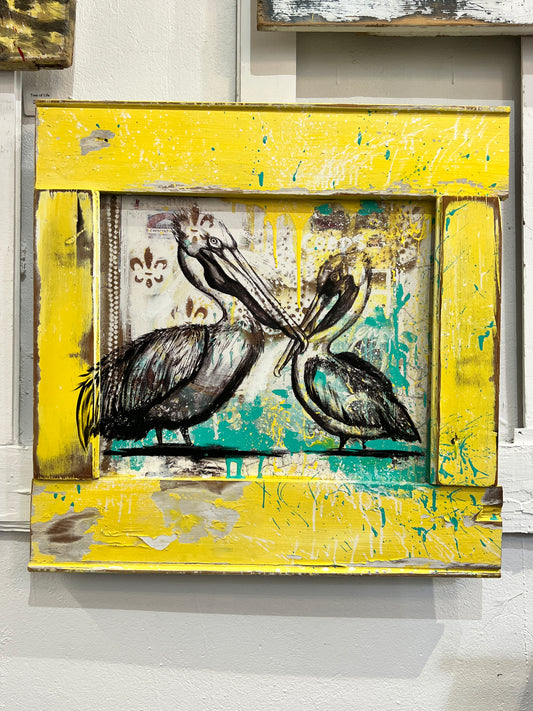 Double Pelicans - Embellished Giclee with Reclaimed Wood Frame