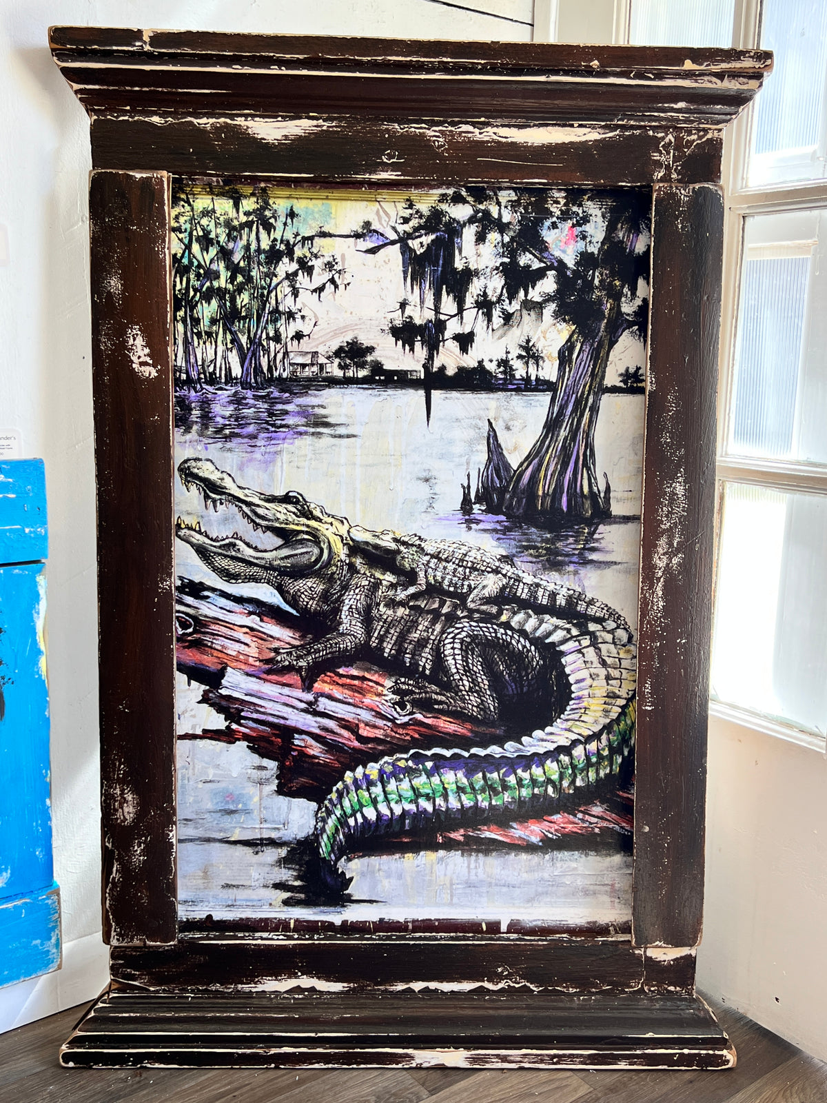 Mama & Baby Gator- Giclee with custom wood frame from reclaimed wood