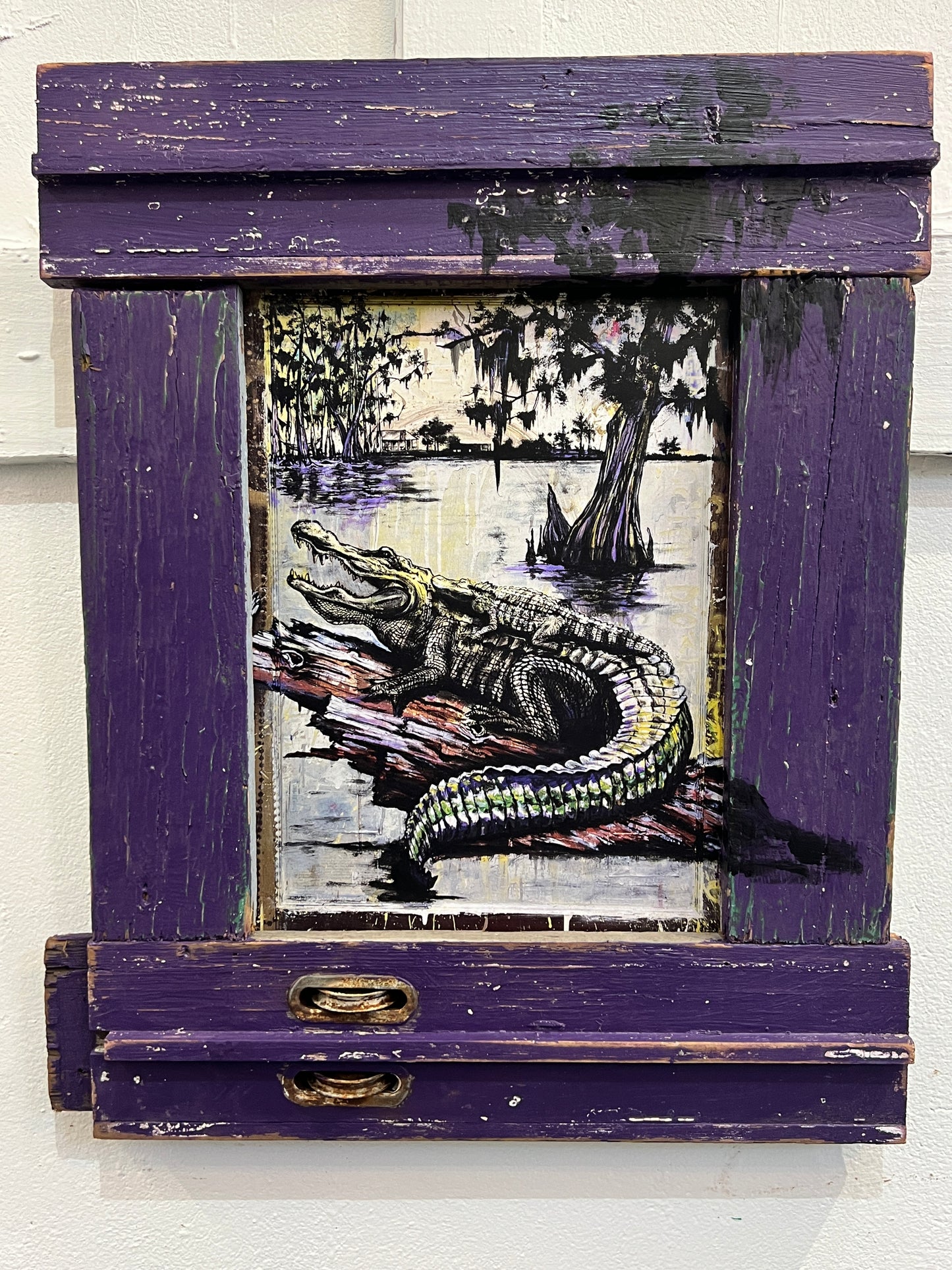 Mama & Baby Gator- Reworked Giclee with Custom Reclaimed Wood Frame