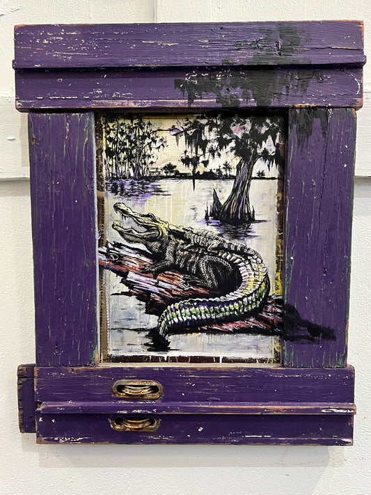 Mama & Baby Gator- Reworked Giclee with Custom Reclaimed Wood Frame