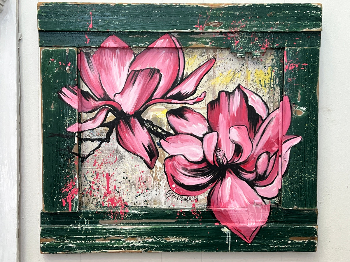 Rebirth #2 Japanese Magnolias- Reworked Giclee with Reclaimed Wood Frame