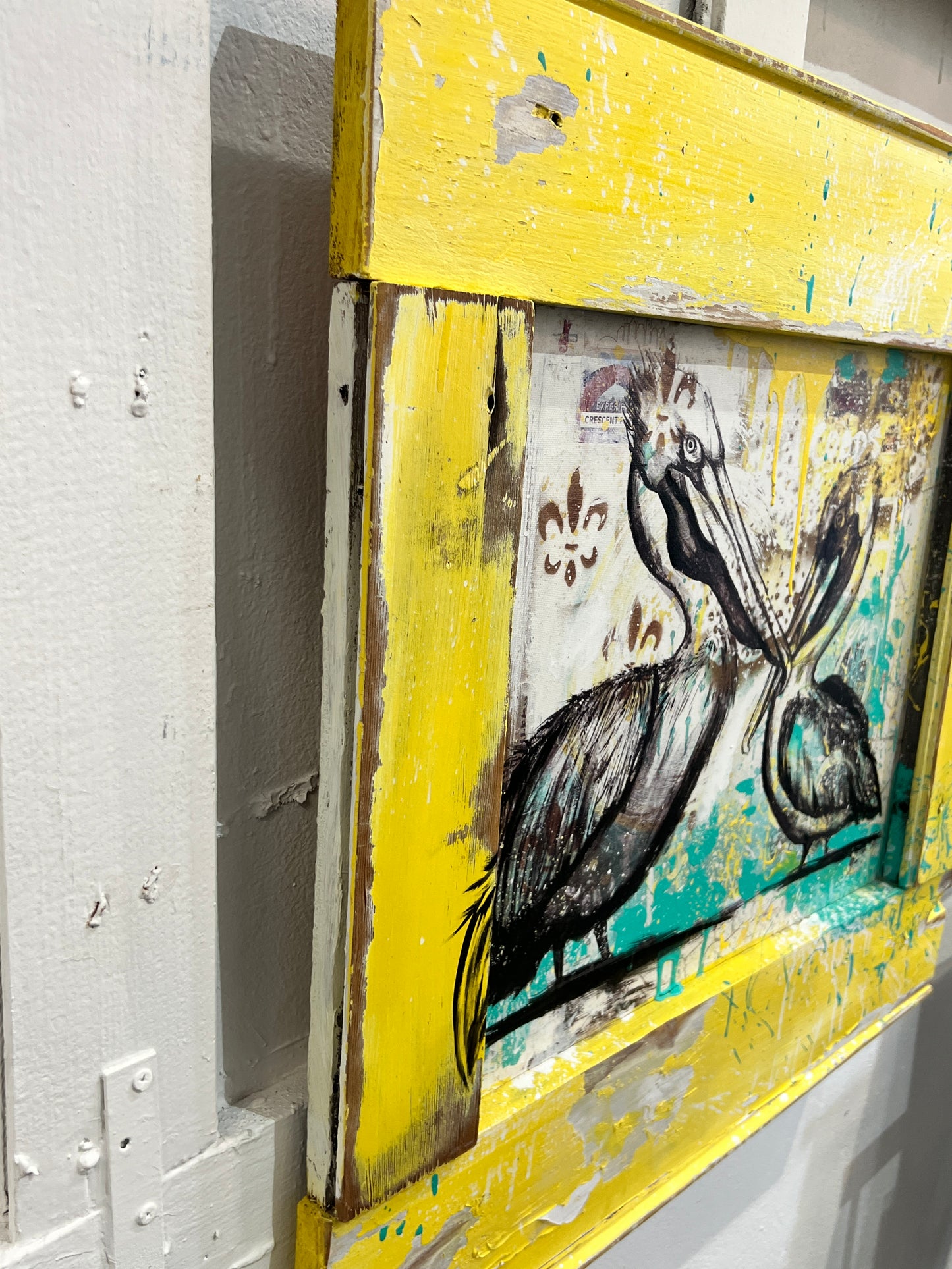 Double Pelicans - Embellished Giclee with Reclaimed Wood Frame