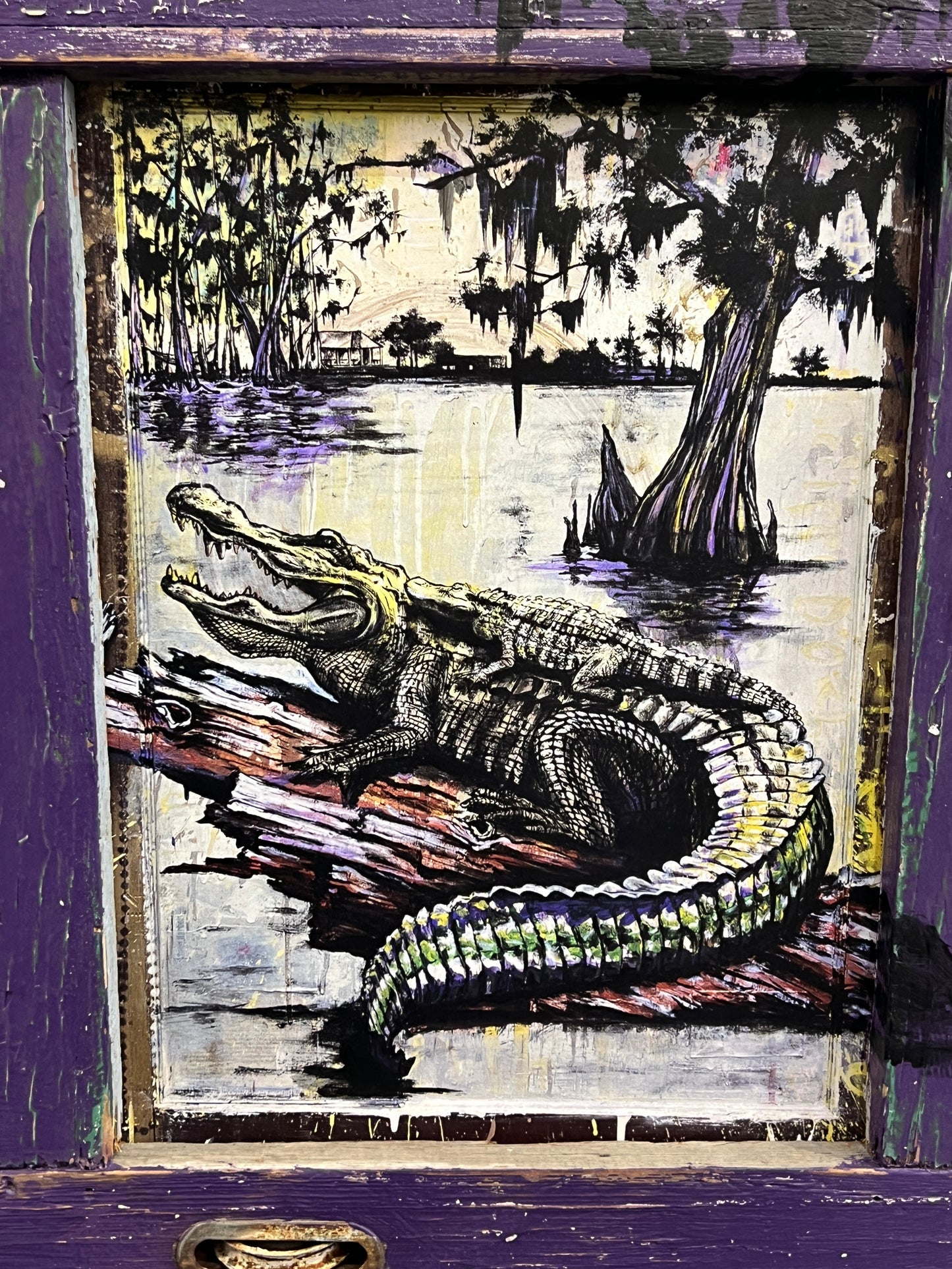 Mama & Baby Gator- Reworked Giclee with Custom Reclaimed Wood Frame