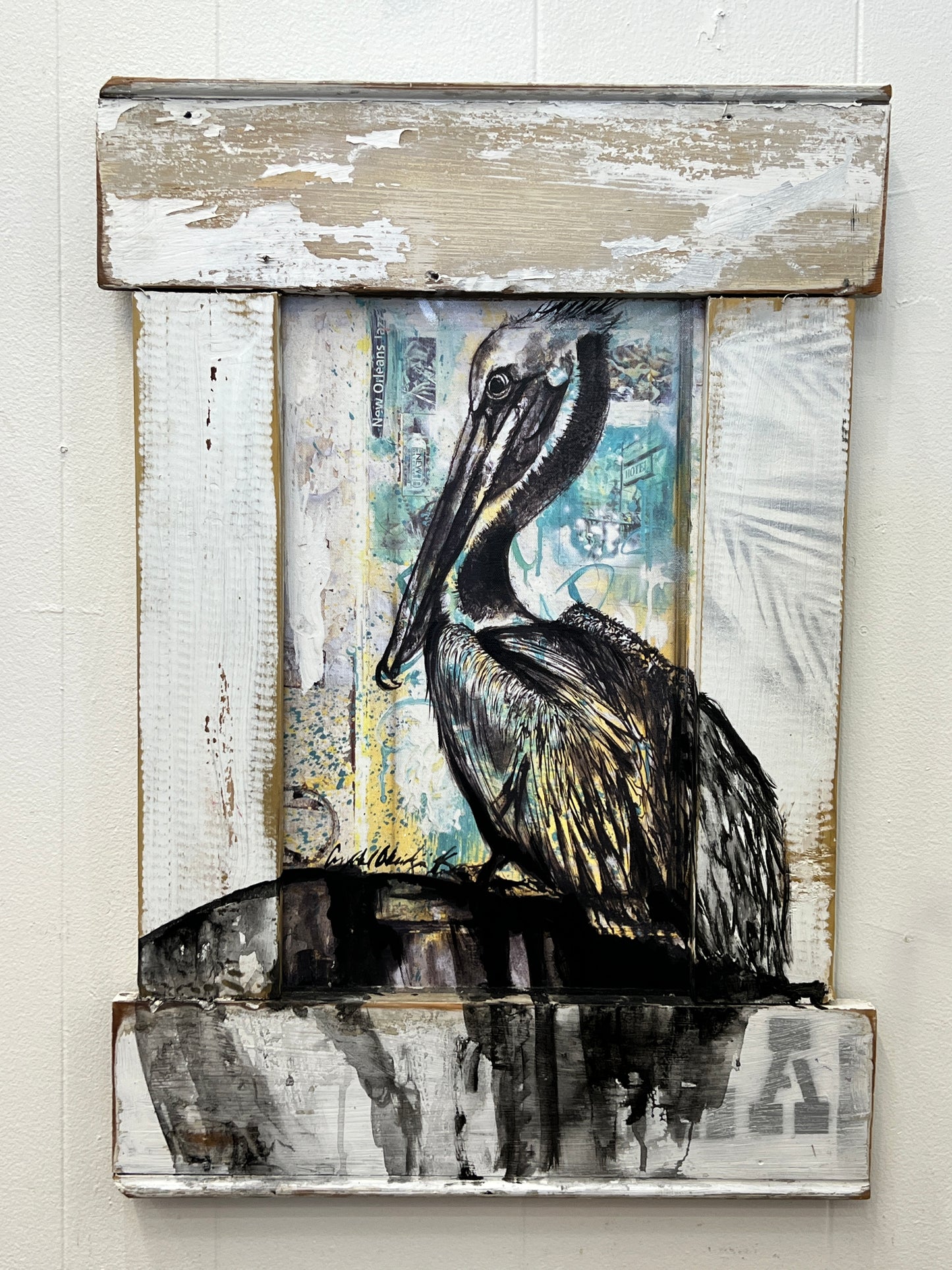 Pelican- Reworked Giclee with Reclaimed Wood Frame