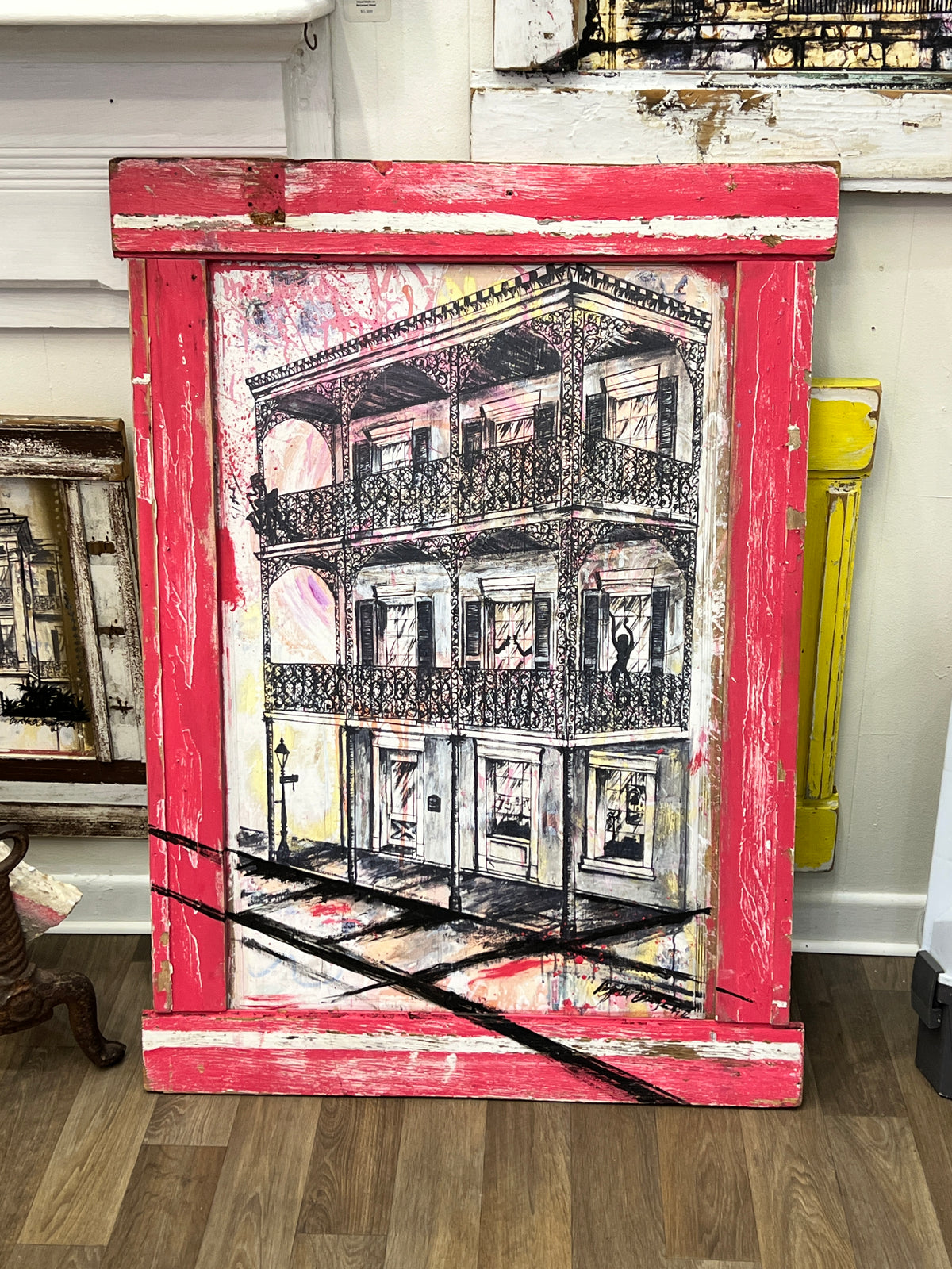 Royal Balconies- Embellished Giclee with Frame built from Reclaimed Wood