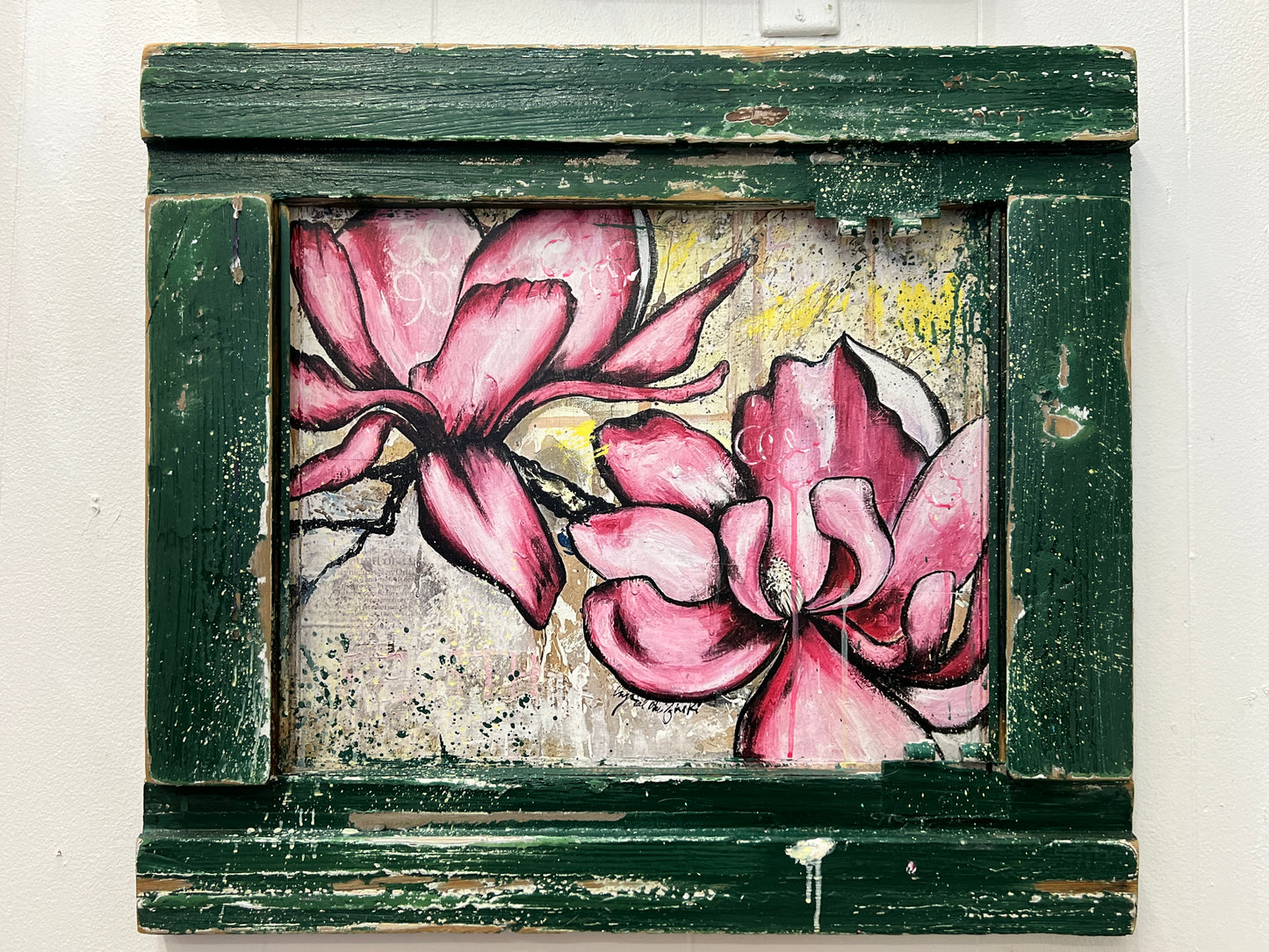 Rebirth #2 Japanese Magnolias- Reworked Giclee with Reclaimed Wood Frame