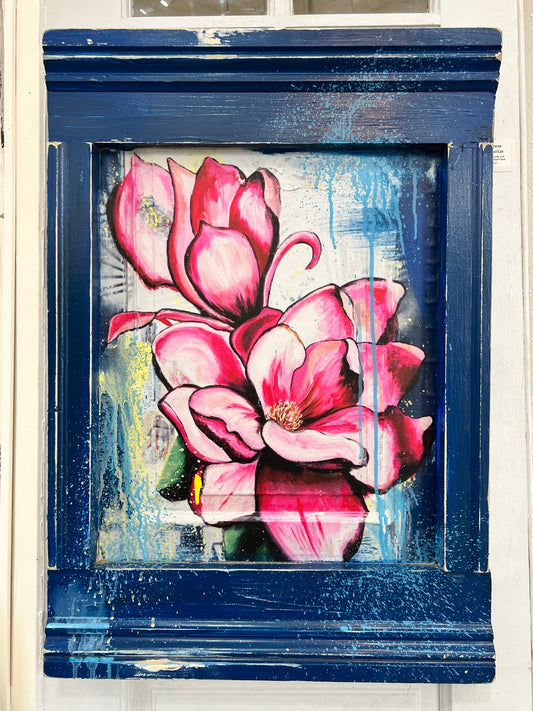 Japanese Magnolias - Reworked Giclee with Custom Reclaimed Wood Frame