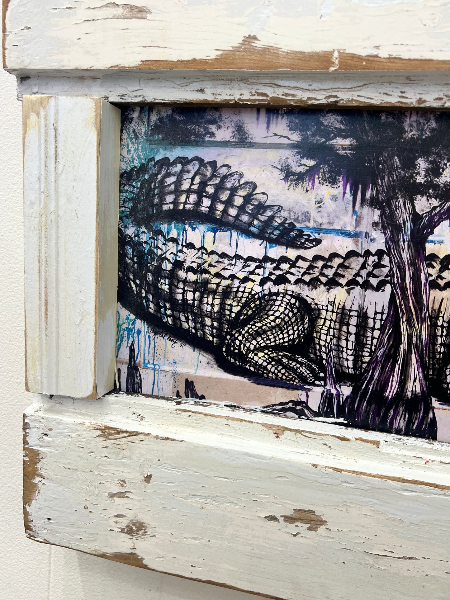 Swamp Gator - Print with White Reclaimed Wood Frame