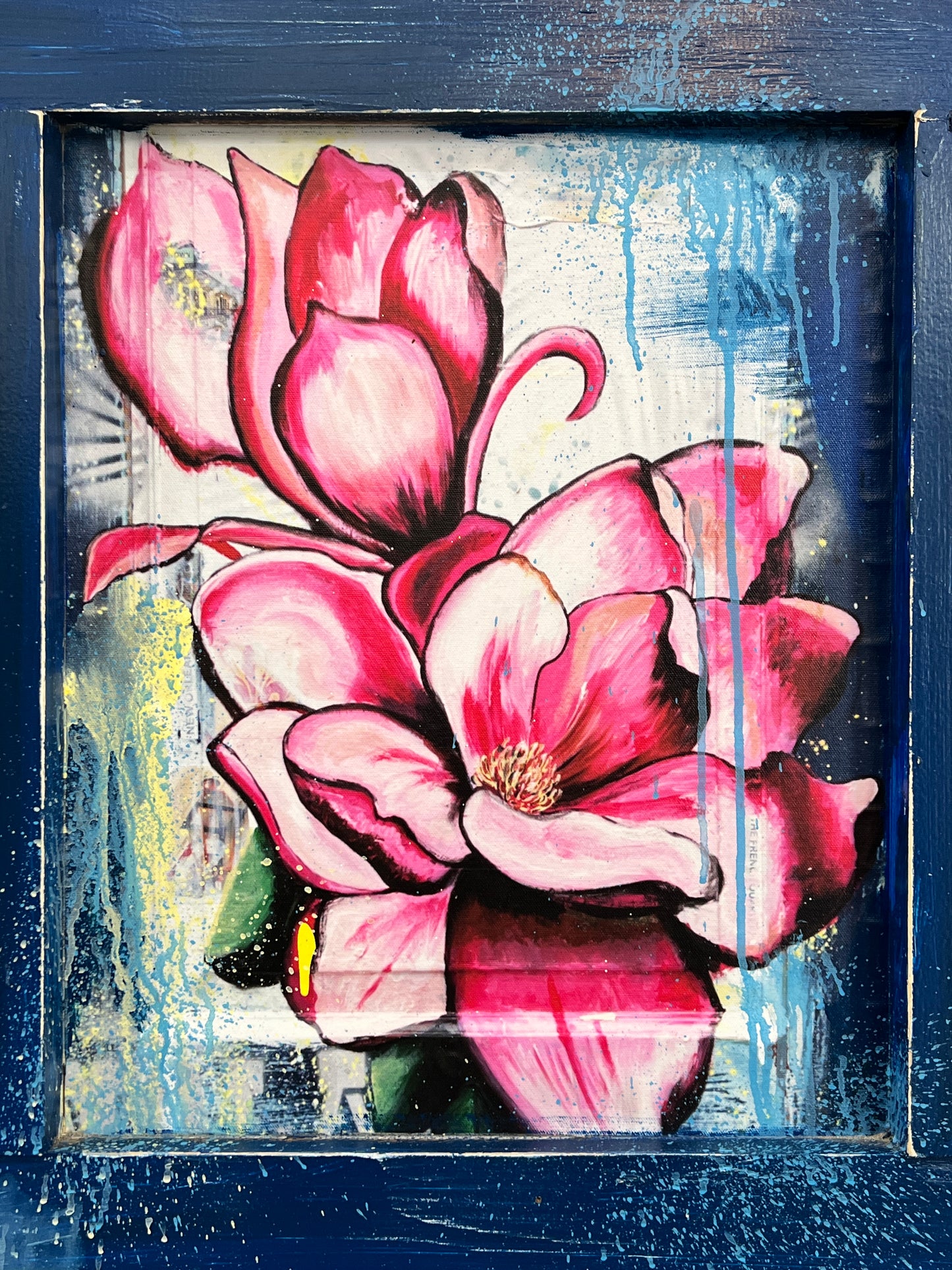Japanese Magnolias - Reworked Giclee with Custom Reclaimed Wood Frame