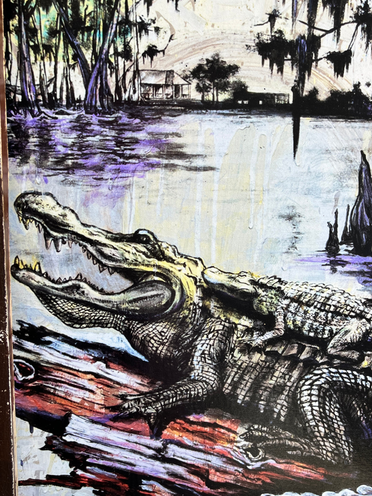 Mama & Baby Gator- Giclee with custom wood frame from reclaimed wood