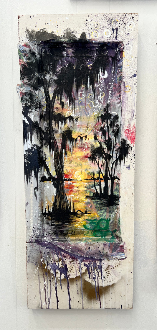 Sunset At The Swamp - Original Mixed Media on Reclaimed Door Panel