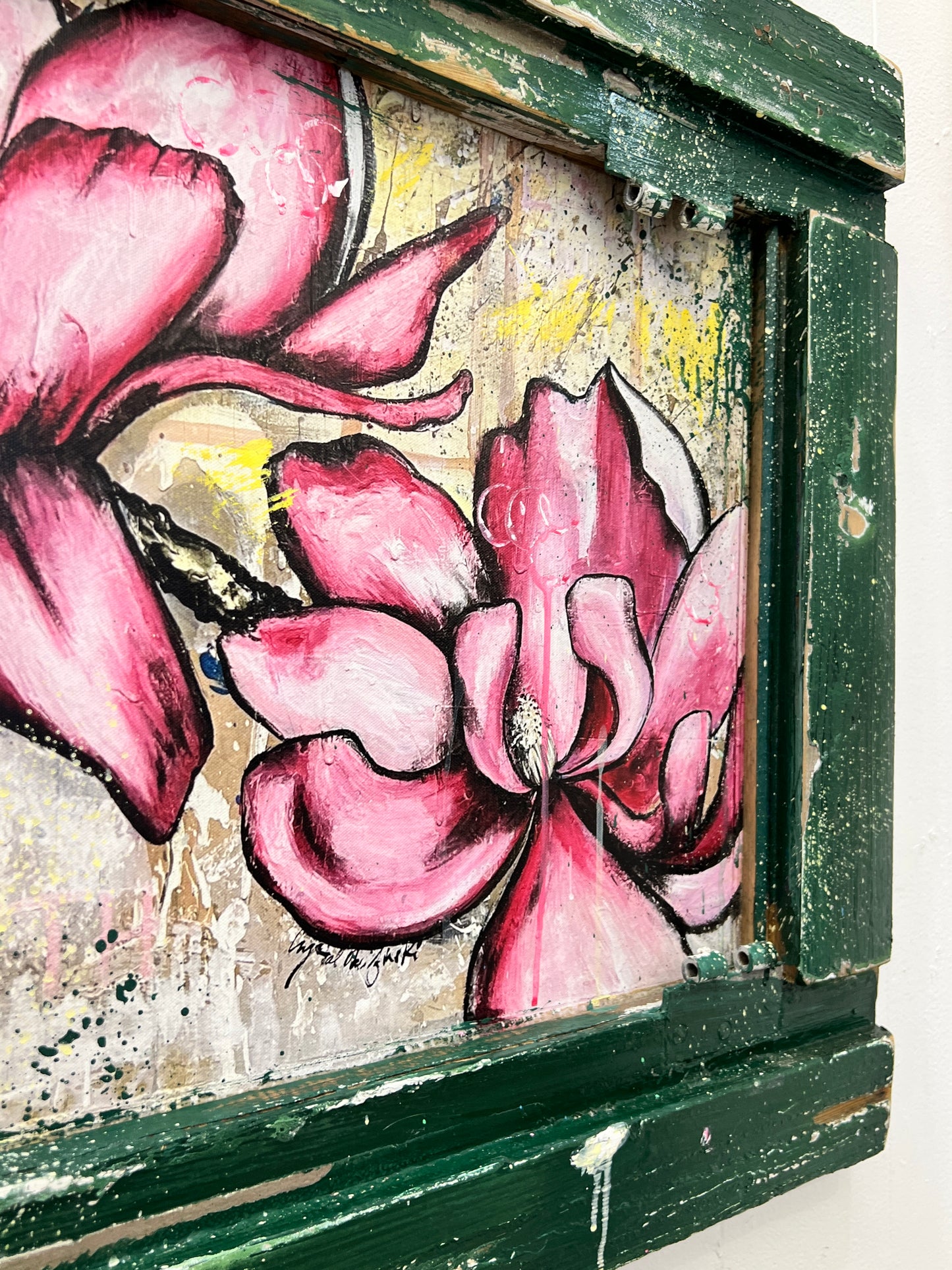 Rebirth #2 Japanese Magnolias- Reworked Giclee with Reclaimed Wood Frame