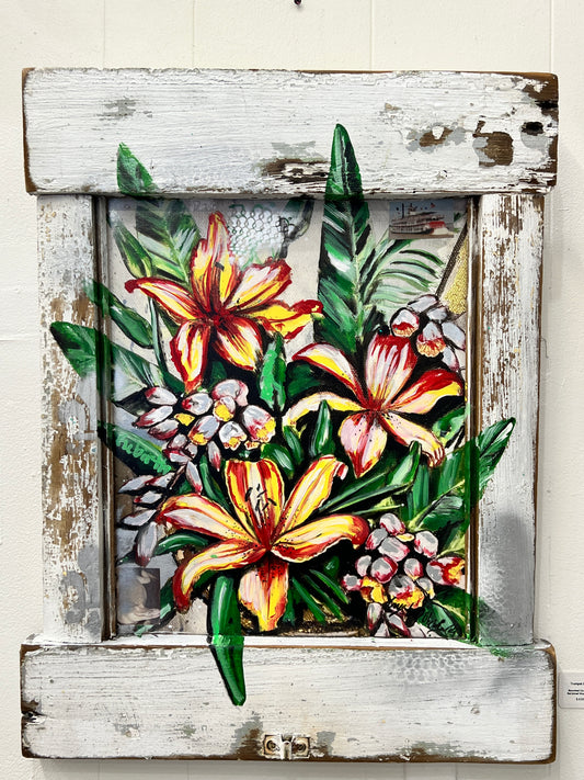 Trumpet Lilies- Orginal on Canvas with A recalimed Wood Frame